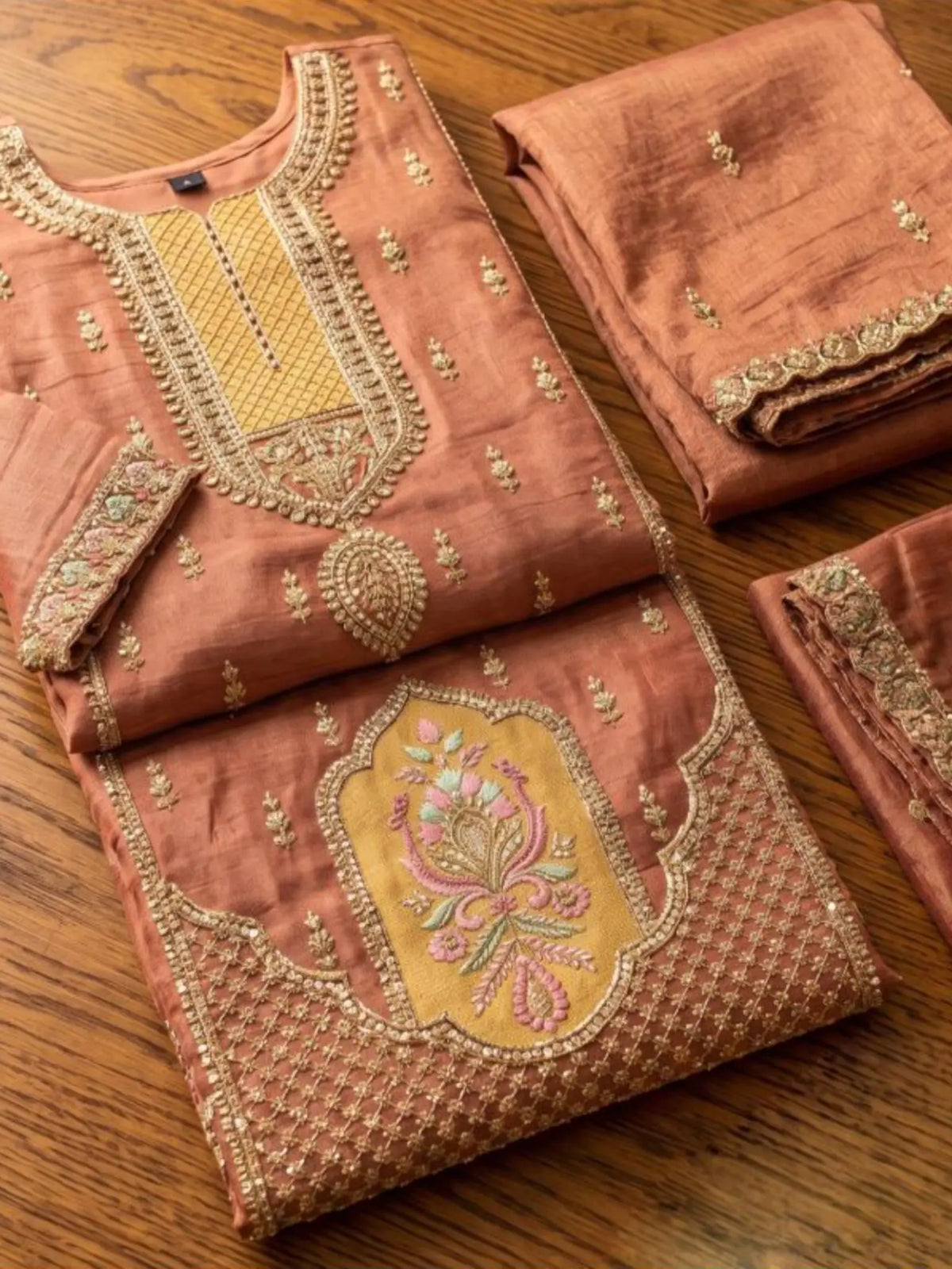 Rose Gold Pink Hand Embroidered Salsa Silk Palazzo Suit Set with Dupatta View 4