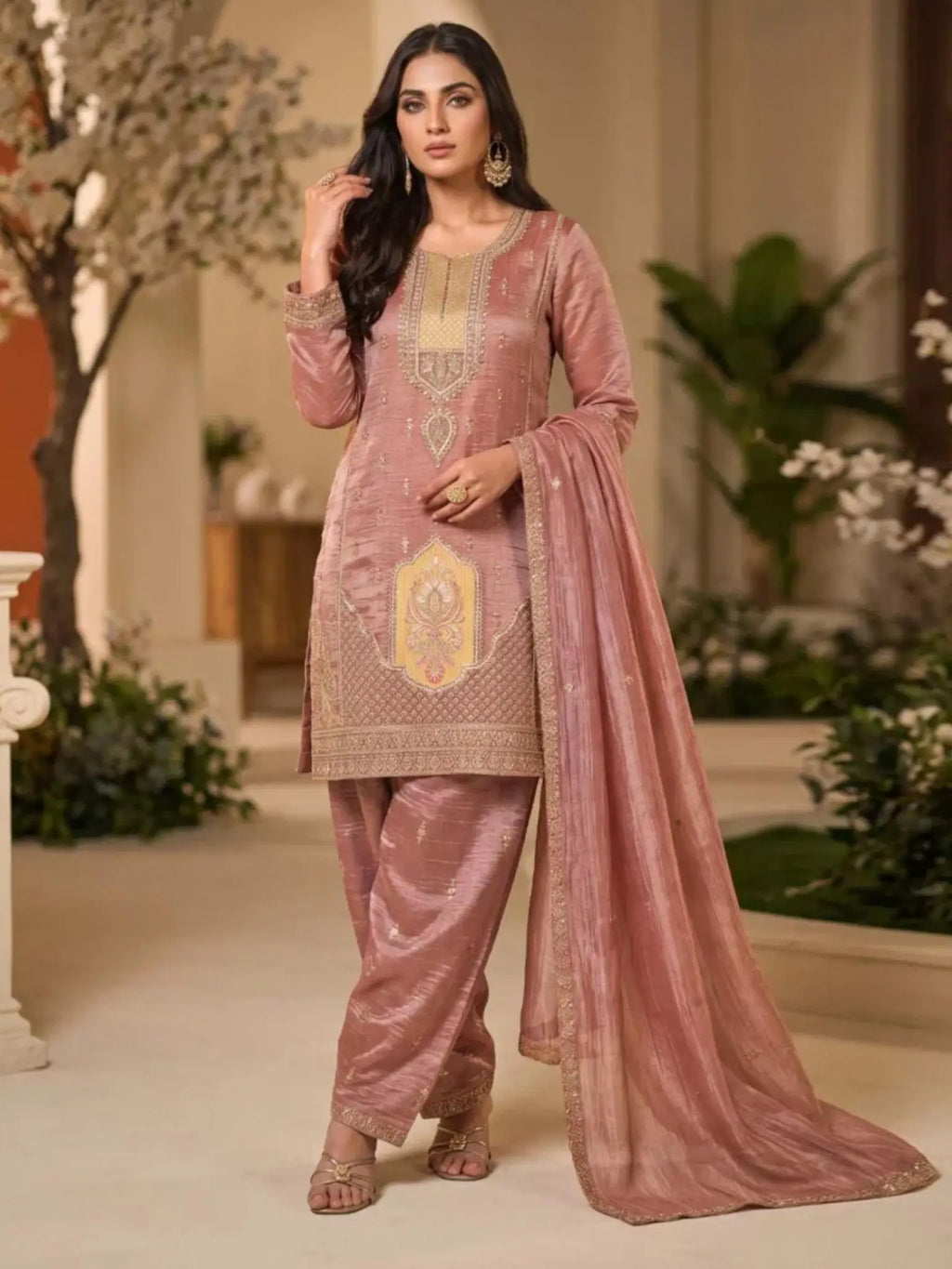 Rose Gold Pink Hand Embroidered Salsa Silk Palazzo Suit Set with Dupatta View 1
