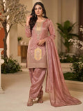 Rose Gold Pink Hand Embroidered Salsa Silk Palazzo Suit Set with Dupatta View 1