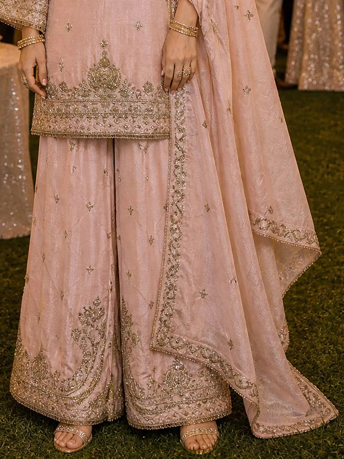 Blush Pink Heavy Beads Embroidered Chinon Silk Sharara Suit Set - View 3