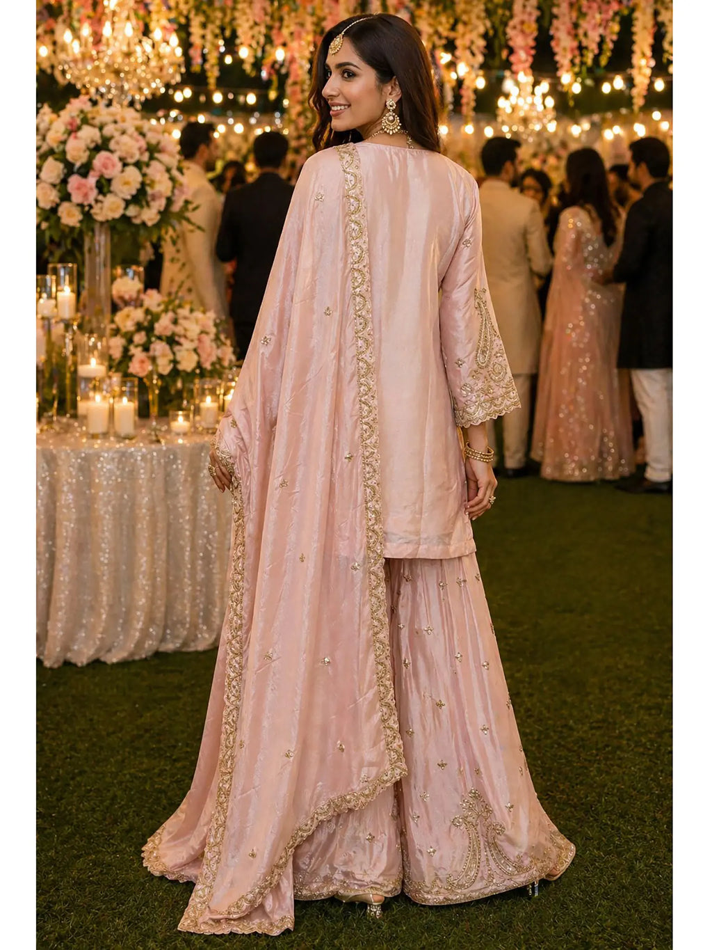 Blush Pink Heavy Beads Embroidered Chinon Silk Sharara Suit Set - View 4