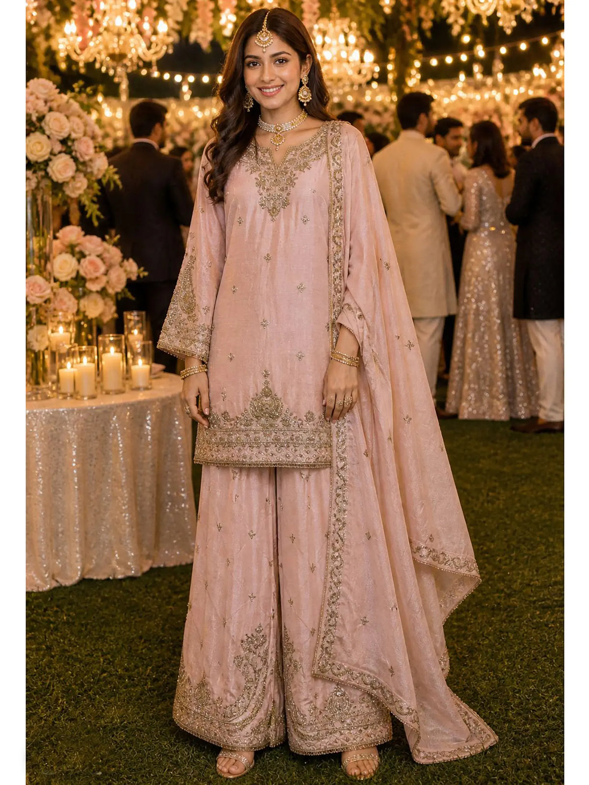 Blush Pink Heavy Beads Embroidered Chinon Silk Sharara Suit Set - View 1
