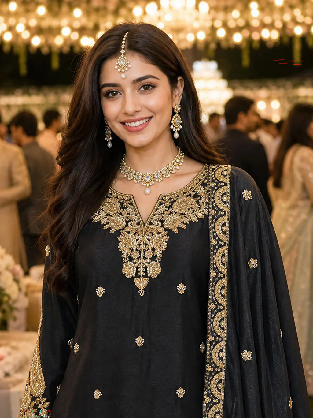 Jet Black Heavy Beads Embroidered Chinon Silk Sharara Suit Set - View 2