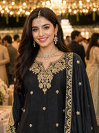 Jet Black Heavy Beads Embroidered Chinon Silk Sharara Suit Set - View 2