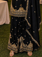 Jet Black Heavy Beads Embroidered Chinon Silk Sharara Suit Set - View 3