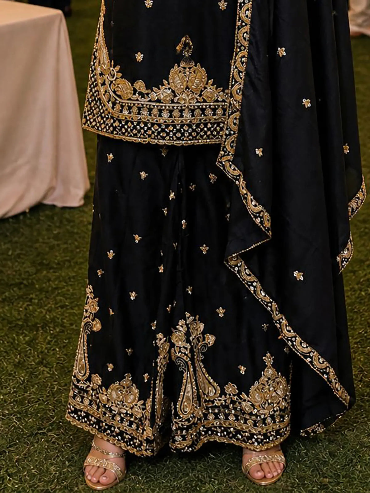 Jet Black Heavy Beads Embroidered Chinon Silk Sharara Suit Set - View 3