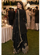 Jet Black Heavy Beads Embroidered Chinon Silk Sharara Suit Set - View 4