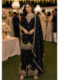 Jet Black Heavy Beads Embroidered Chinon Silk Sharara Suit Set