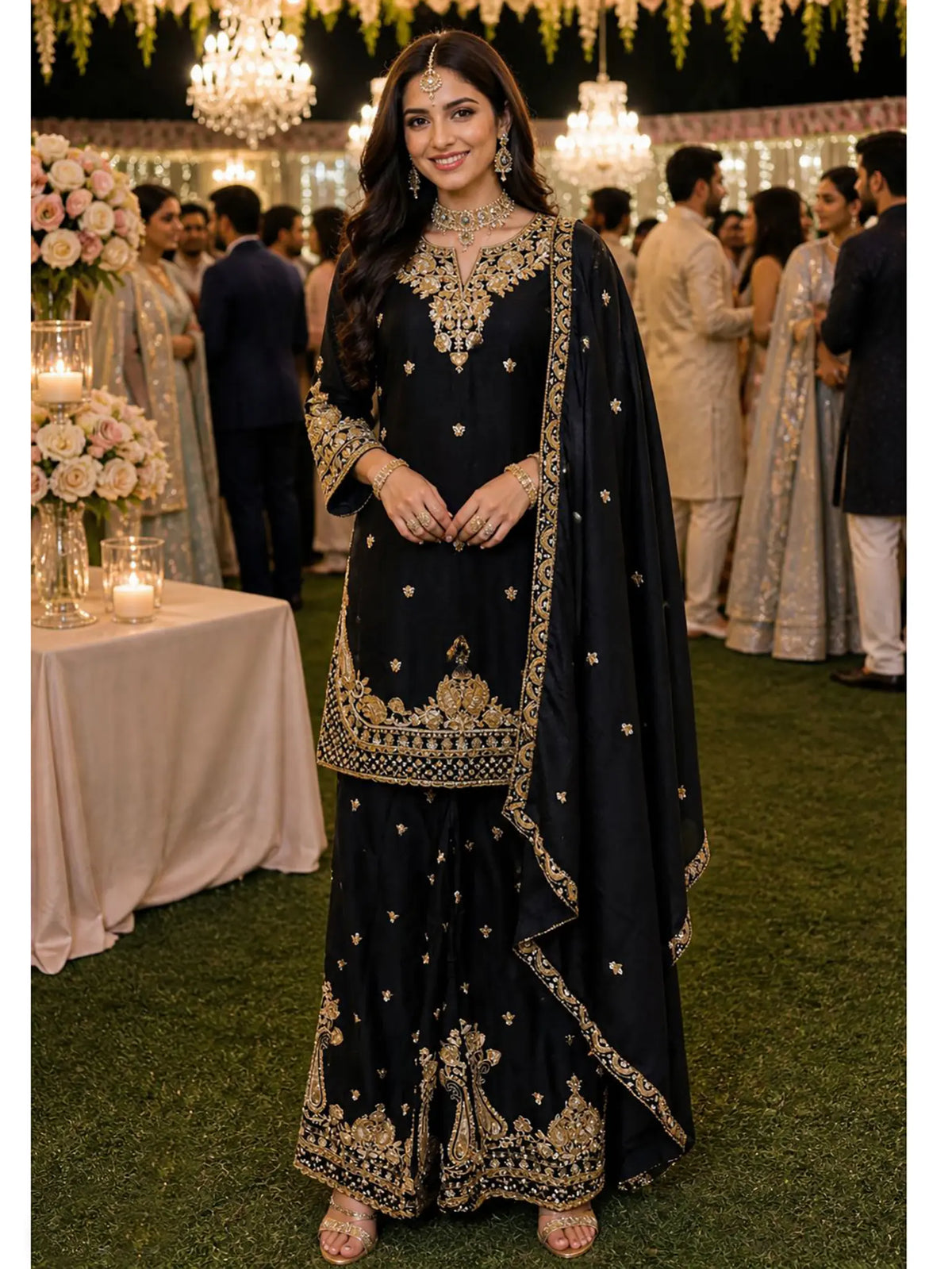 Jet Black Heavy Beads Embroidered Chinon Silk Sharara Suit Set - View 1