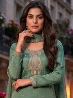 Sage Green Embroidered Salsa Silk Neckline Yoke and Zari Detail