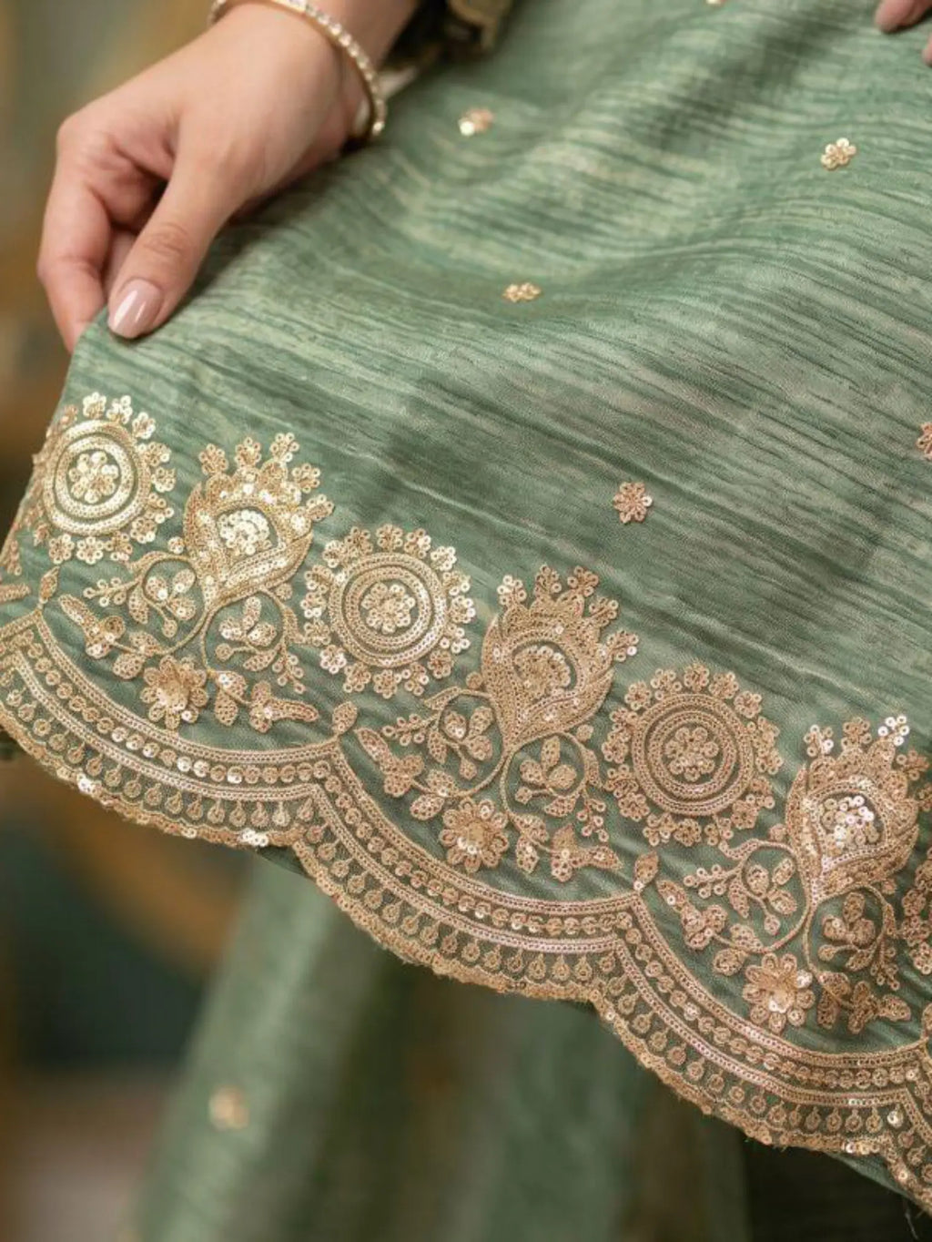 Sage Green Salsa Silk Palazzo Pants Scalloped Embroidered Hem Close Up