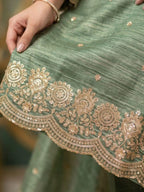 Sage Green Salsa Silk Palazzo Pants Scalloped Embroidered Hem Close Up