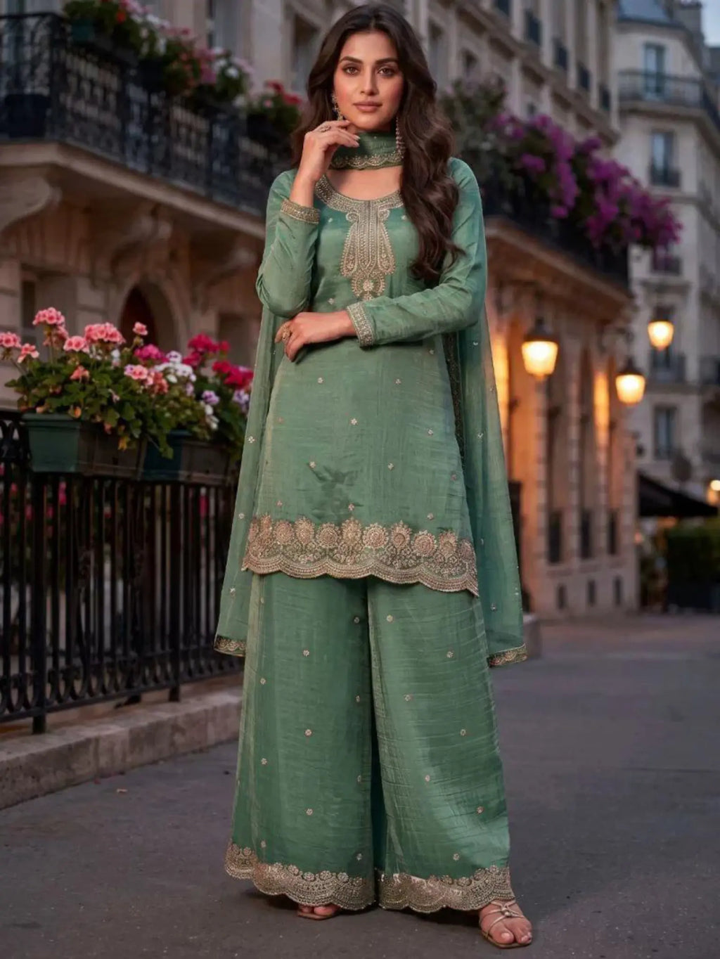 Sage Green Embroidered Salsa Silk Palazzo Suit Set Full Front View