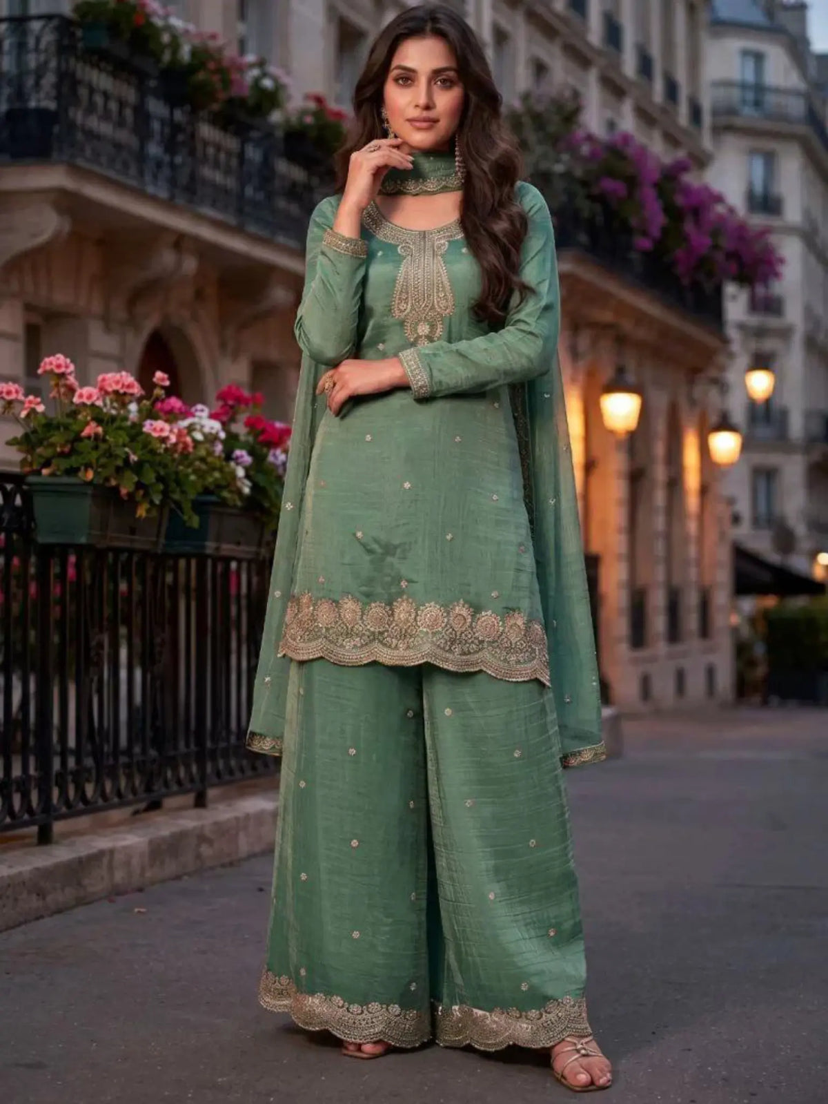 Sage Green Embroidered Salsa Silk Palazzo Suit Set Full Front View