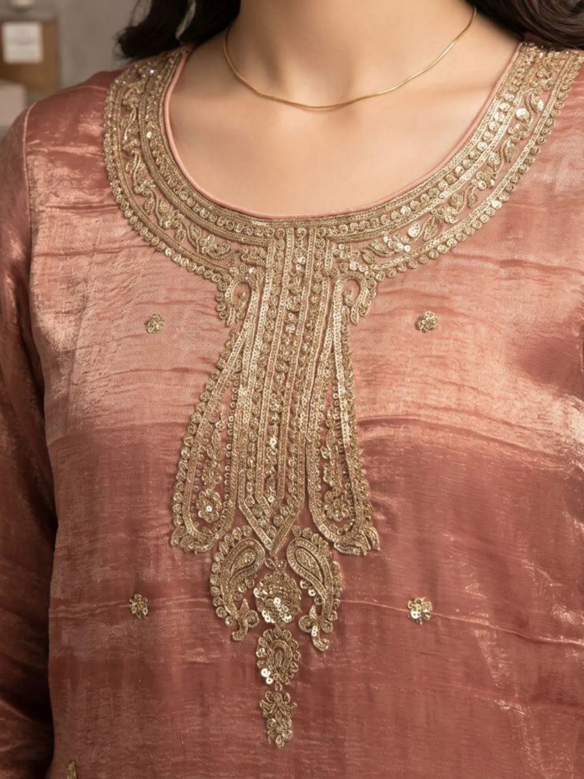 Dusty Rose Embroidered Salsa Silk Neckline and Yoke Threadwork Detail