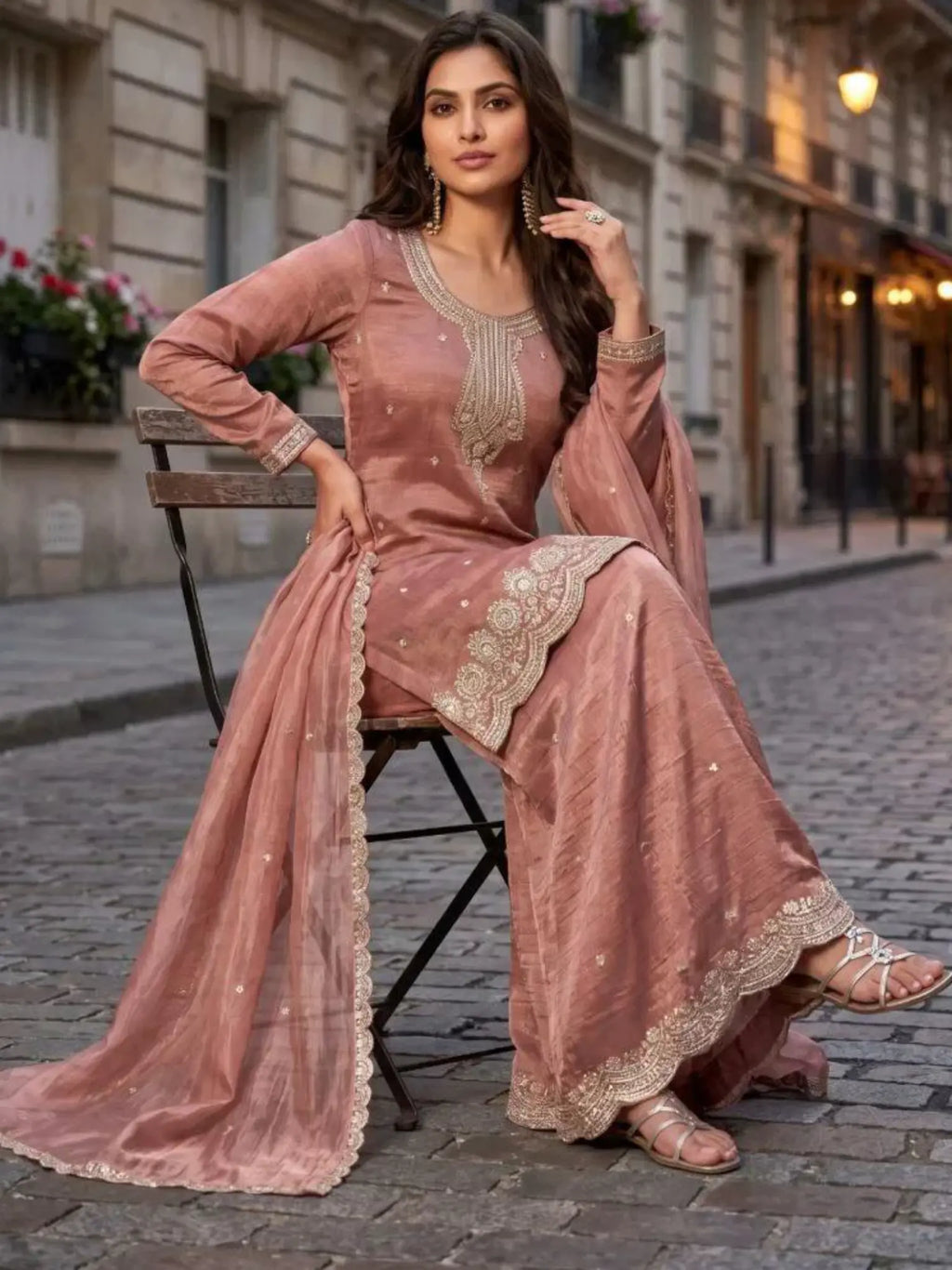 Dusty Rose Embroidered Salsa Silk Palazzo Suit Set Full Seated Front View