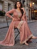 Dusty Rose Embroidered Salsa Silk Palazzo Suit Set Full Seated Front View