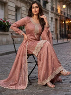 Dusty Rose Embroidered Salsa Silk Palazzo Suit Set Full Seated Front View