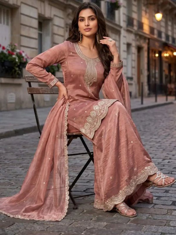 Dusty Rose Embroidered Salsa Silk Palazzo Suit Set Full Seated Front View
