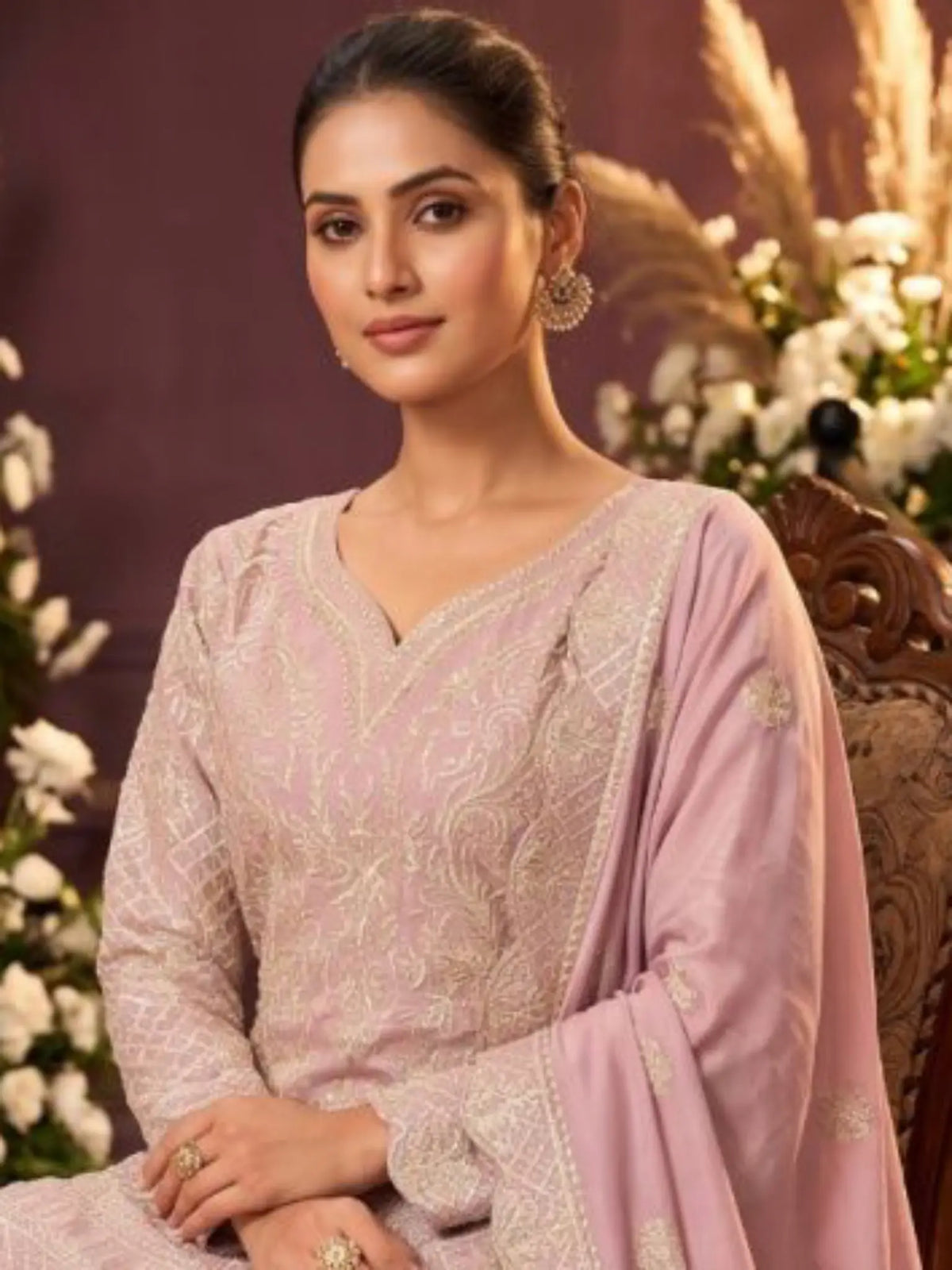 Lilac Pink Ribbon Work Chinon Palazzo Suit Set with Dupatta - View 2