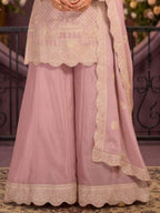Lilac Pink Ribbon Work Chinon Palazzo Suit Set with Dupatta - View 3