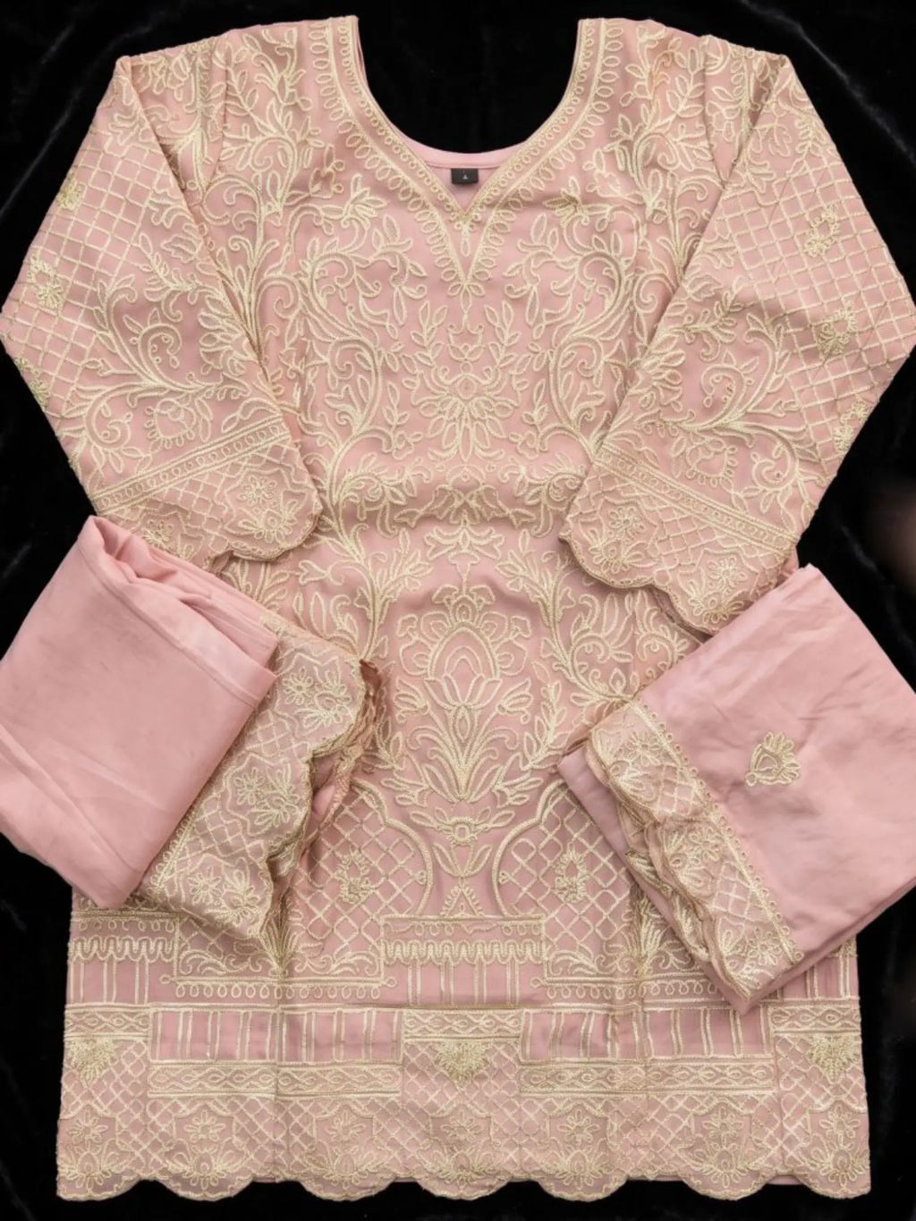 Lilac Pink Ribbon Work Chinon Palazzo Suit Set with Dupatta - View 5