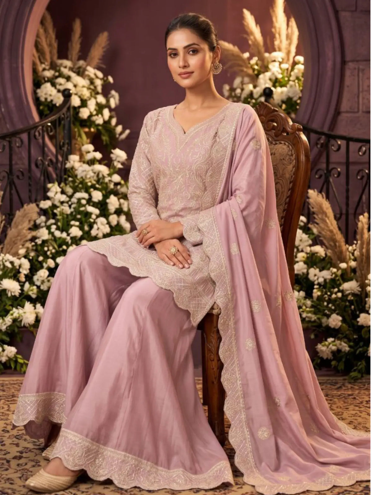 Lilac Pink Ribbon Work Chinon Palazzo Suit Set with Dupatta - View 6
