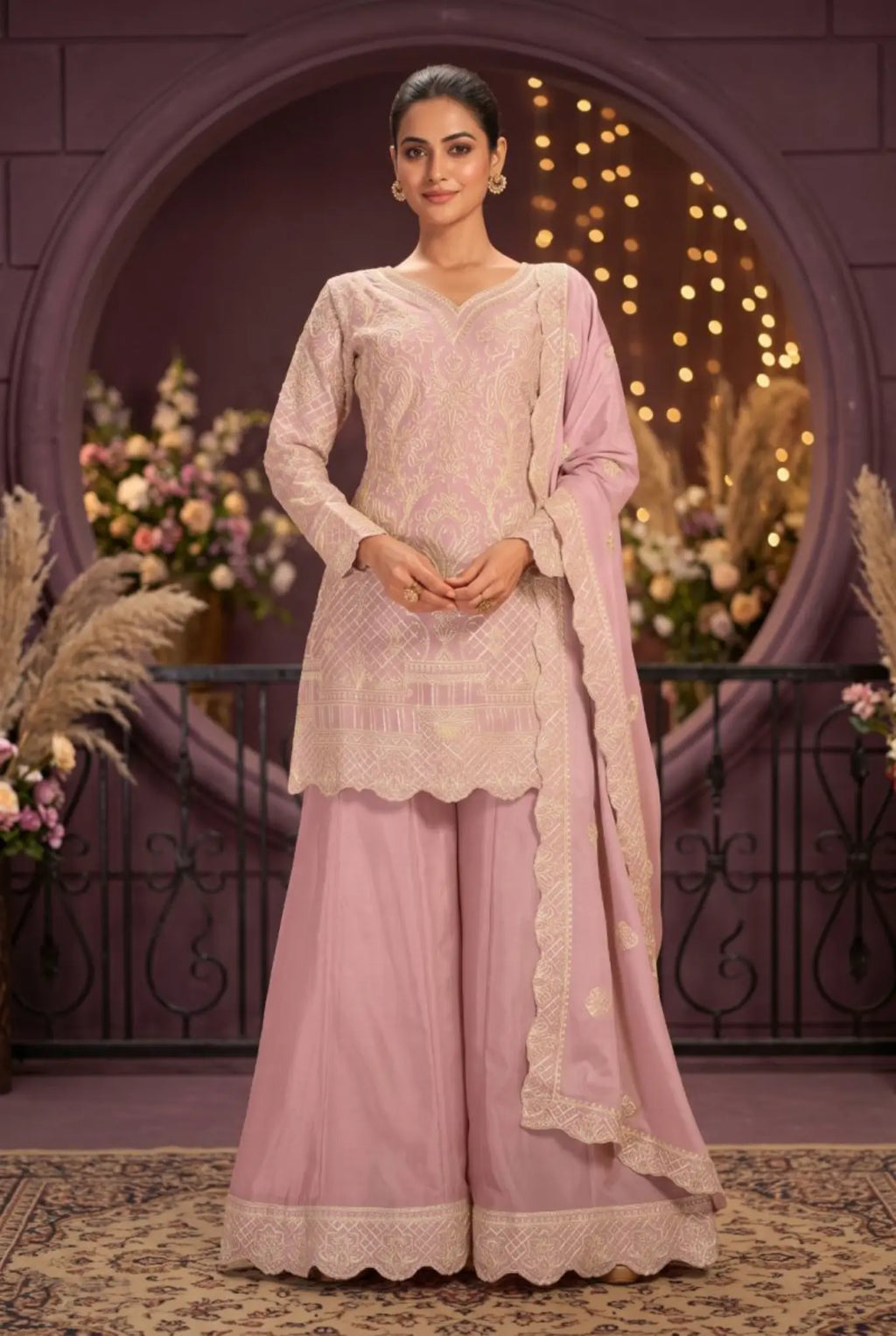 Lilac Pink Ribbon Work Chinon Palazzo Suit Set with Dupatta - View 1