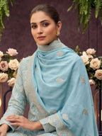 Sky Blue Ribbon Work Chinon Palazzo Suit Set with Dupatta - View 2