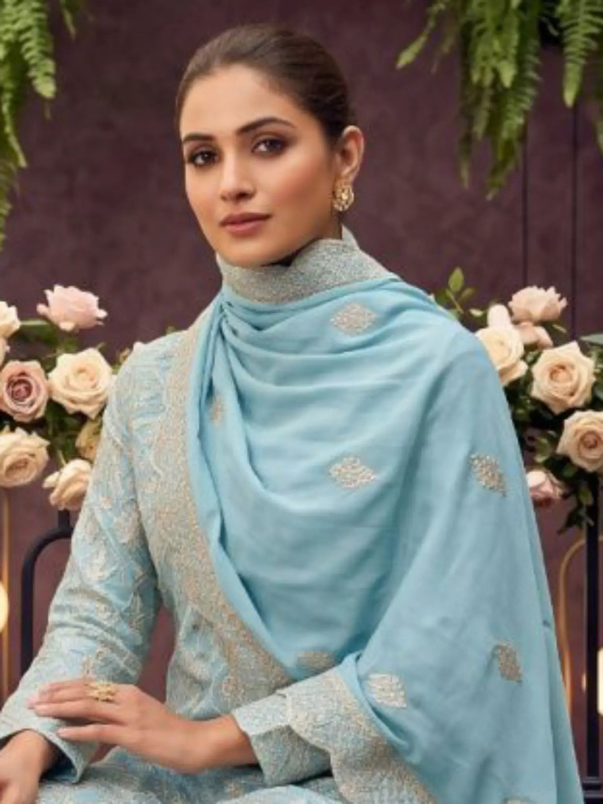 Sky Blue Ribbon Work Chinon Palazzo Suit Set with Dupatta - View 2