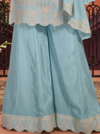 Sky Blue Ribbon Work Chinon Palazzo Suit Set with Dupatta - View 3