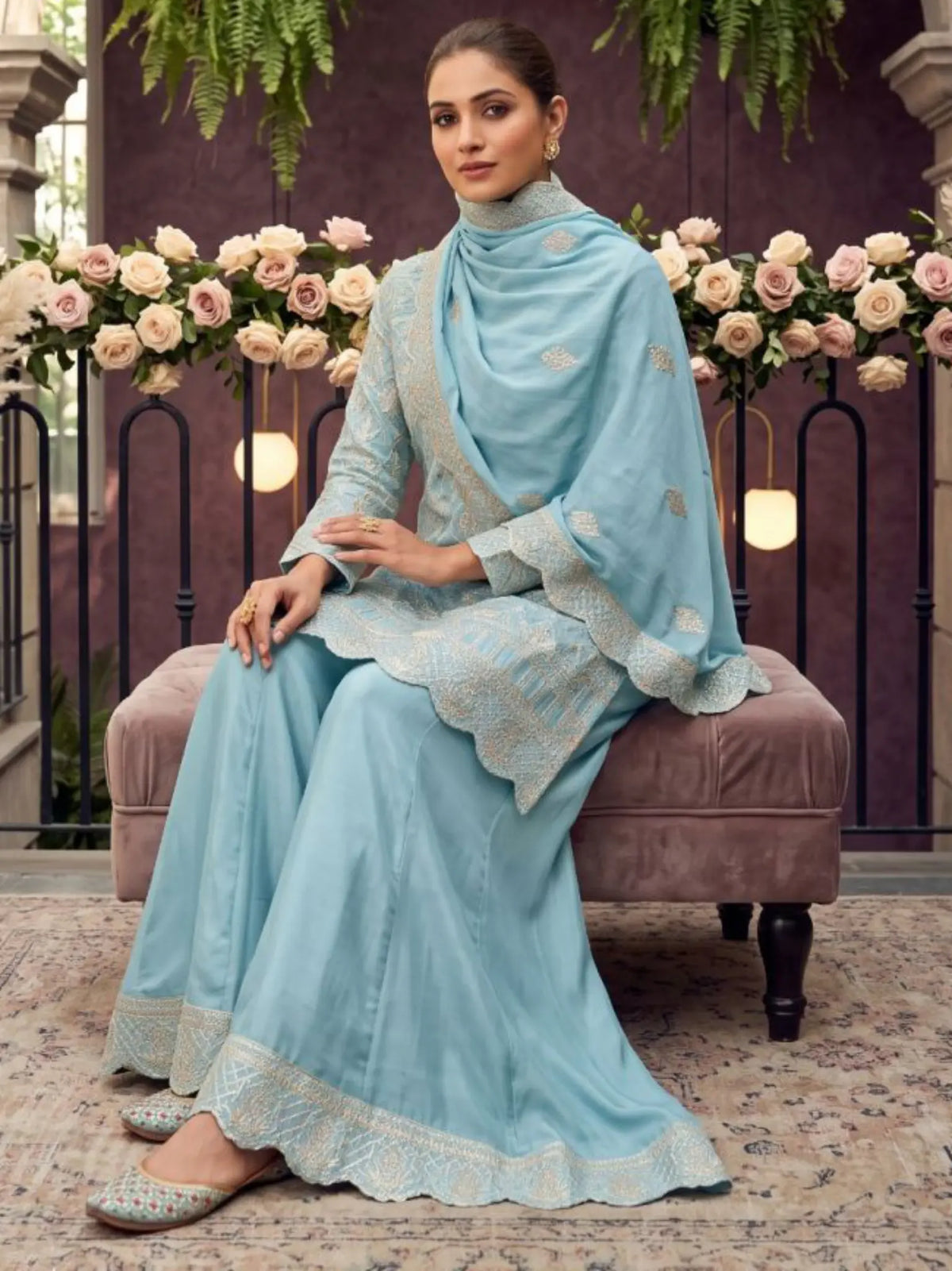 Sky Blue Ribbon Work Chinon Palazzo Suit Set with Dupatta - View 4