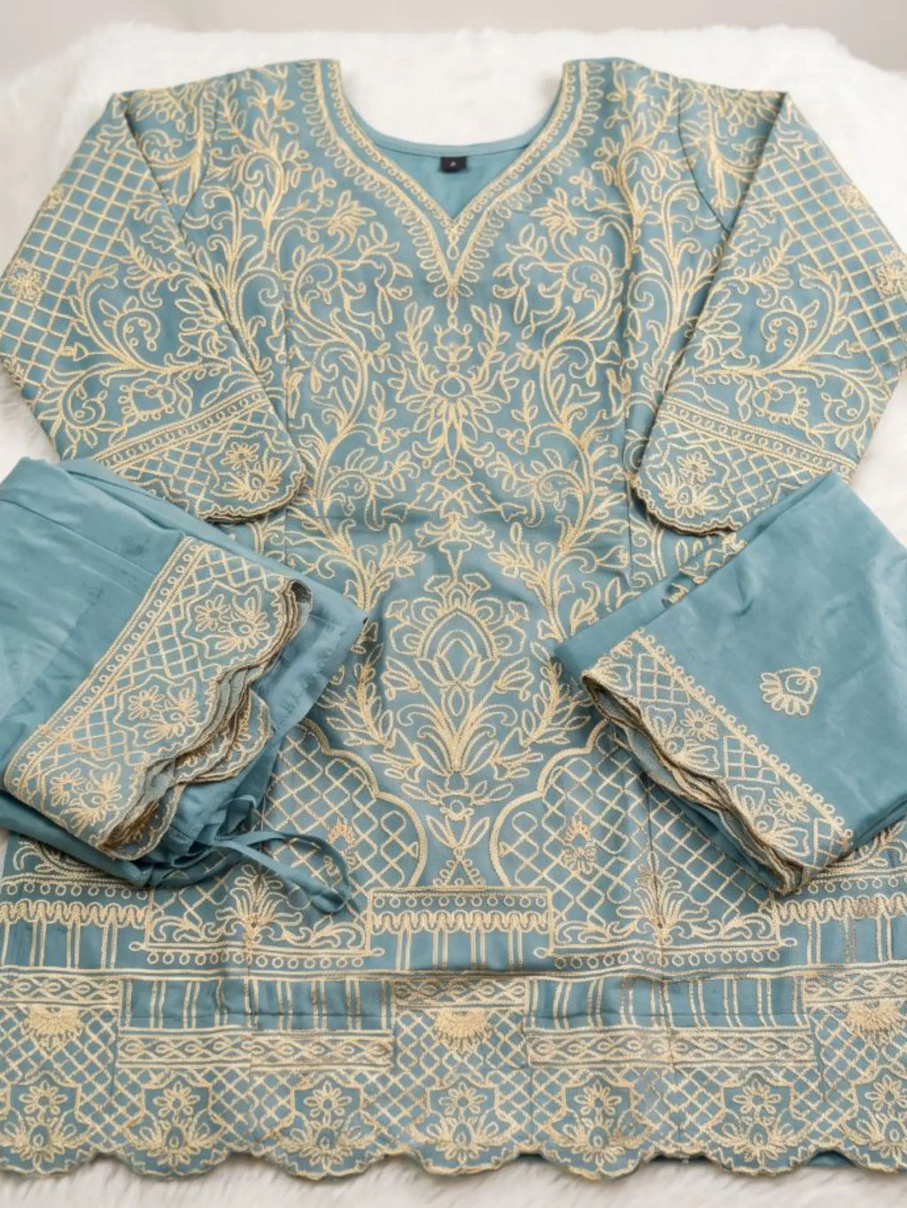 Sky Blue Ribbon Work Chinon Palazzo Suit Set with Dupatta - View 6
