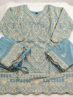 Sky Blue Ribbon Work Chinon Palazzo Suit Set with Dupatta - View 6
