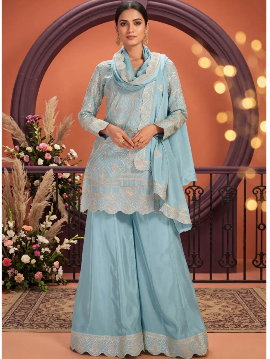 Sky Blue Ribbon Work Chinon Palazzo Suit Set with Dupatta - View 1