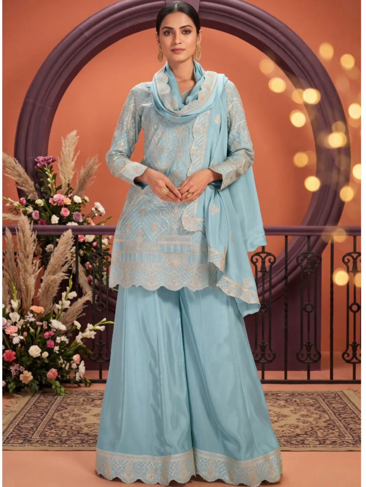 Sky Blue Ribbon Work Chinon Palazzo Suit Set with Dupatta - View 1