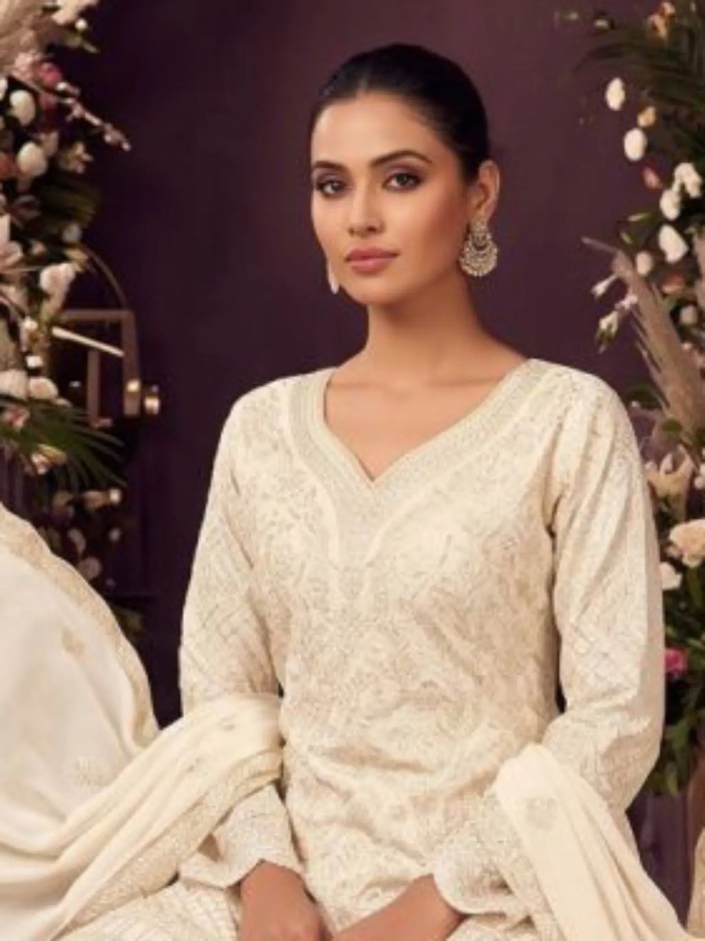 Off White Ribbon Work Chinon Palazzo Suit Set with Dupatta - View 2