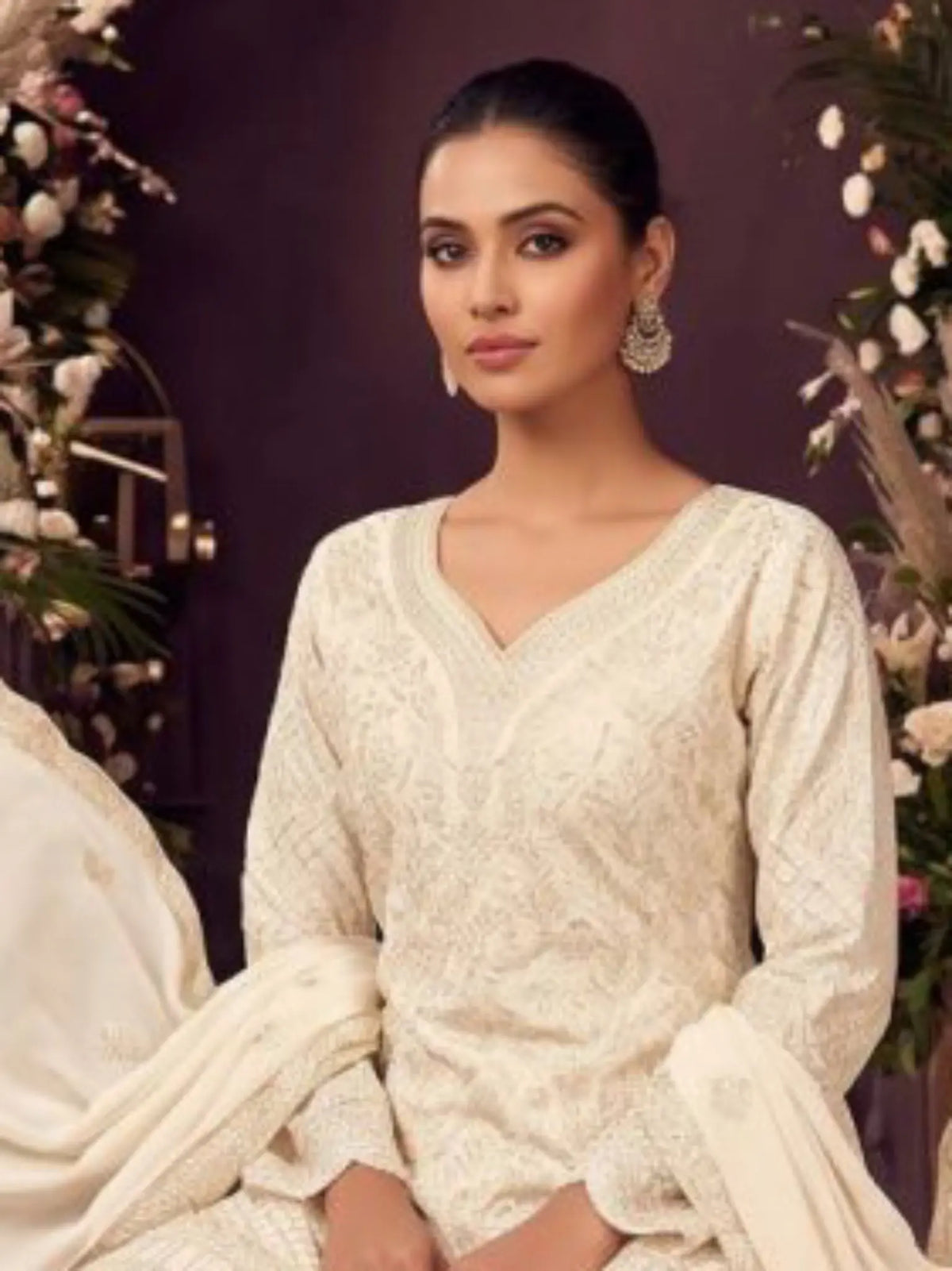 Off White Ribbon Work Chinon Palazzo Suit Set with Dupatta - View 2
