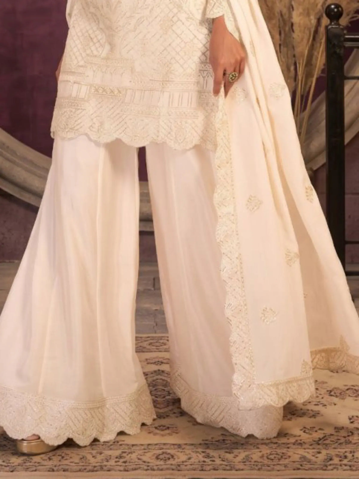 Off White Ribbon Work Chinon Palazzo Suit Set with Dupatta - View 3