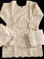 Off White Ribbon Work Chinon Palazzo Suit Set with Dupatta - View 4