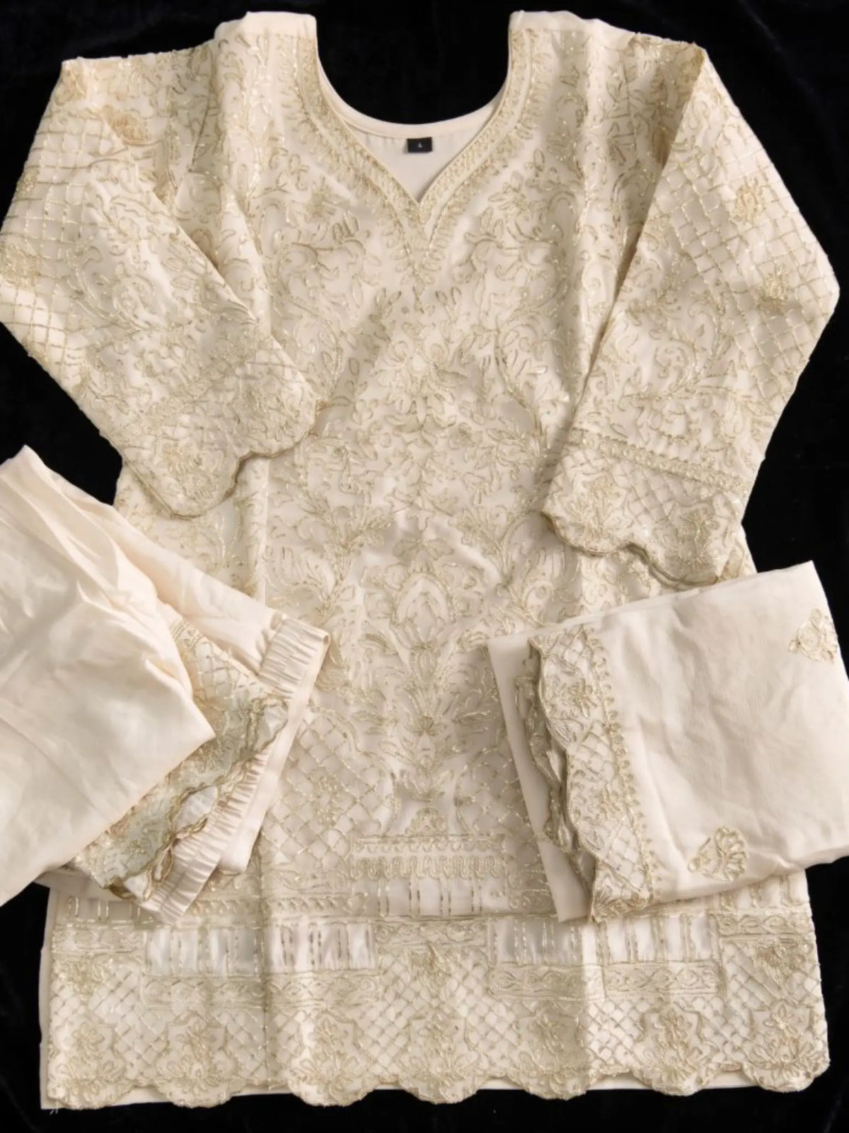 Off White Ribbon Work Chinon Palazzo Suit Set with Dupatta - View 4