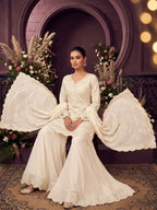 Off White Ribbon Work Chinon Palazzo Suit Set with Dupatta - View 5