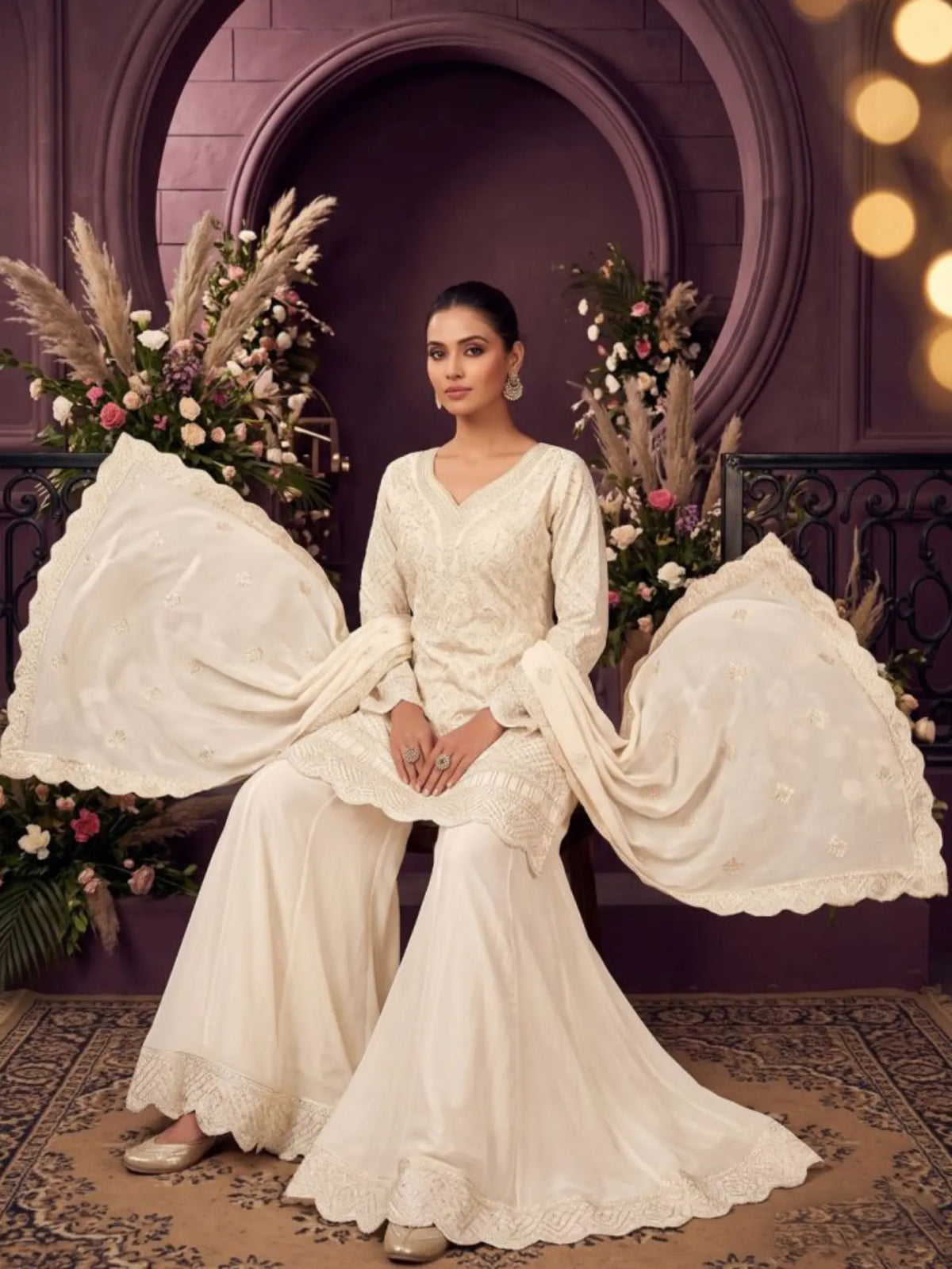 Off White Ribbon Work Chinon Palazzo Suit Set with Dupatta - View 5