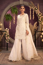 Off White Ribbon Work Chinon Palazzo Suit Set with Dupatta - View 1