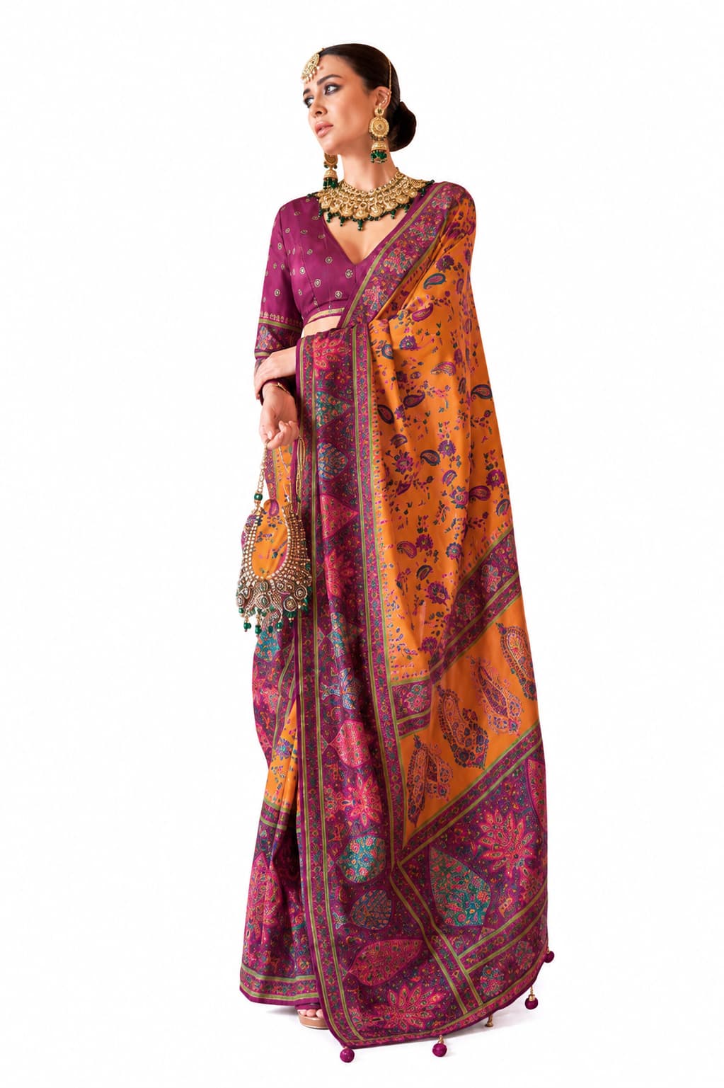Mustard Orange Premium P V Silk Luxury Printed Saree