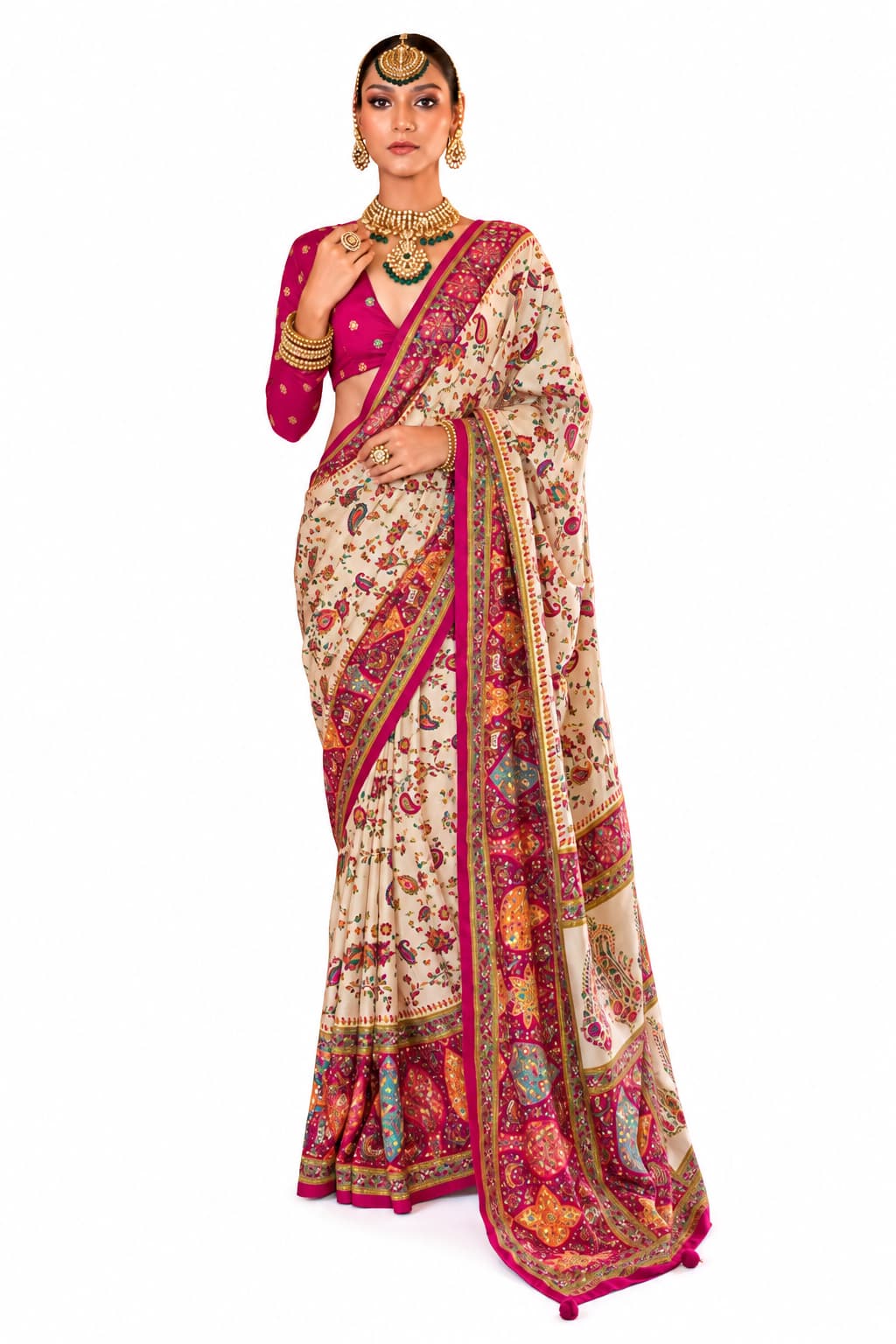 Ivory Cream Premium P V Silk Luxury Printed Saree
