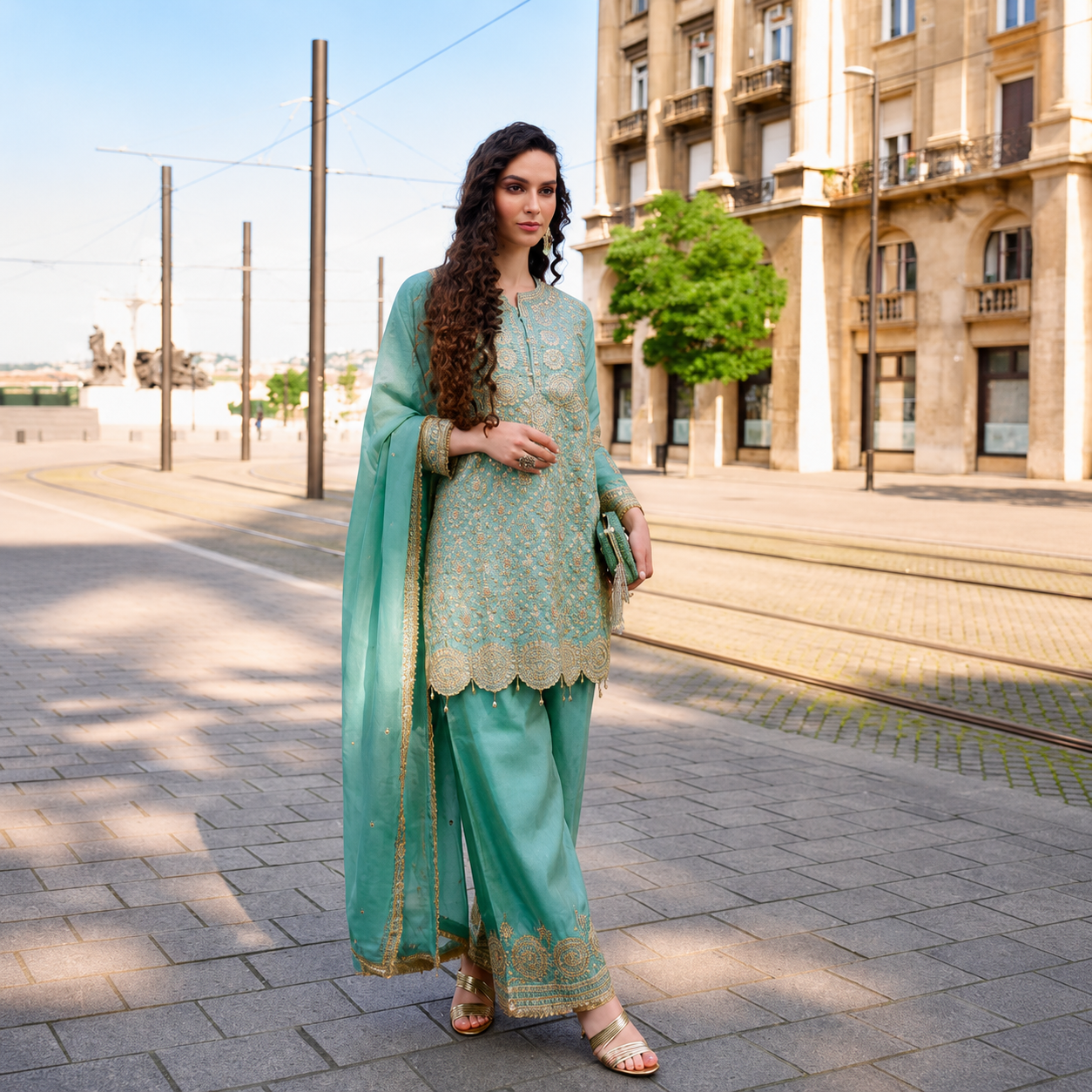 Aqua green shimmer silk salwar kameez with embroidered mirror work and organza dupatta.