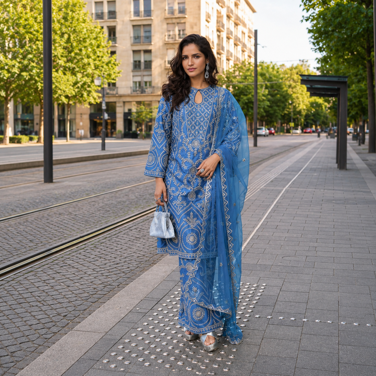 Blue shimmer silk salwar kameez with embroidered mirror work and organza dupatta.