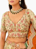 Cream Readymade Embroidery, Cut Work Border, Weaving Butti, Art Mirror Work Silk Lehengas