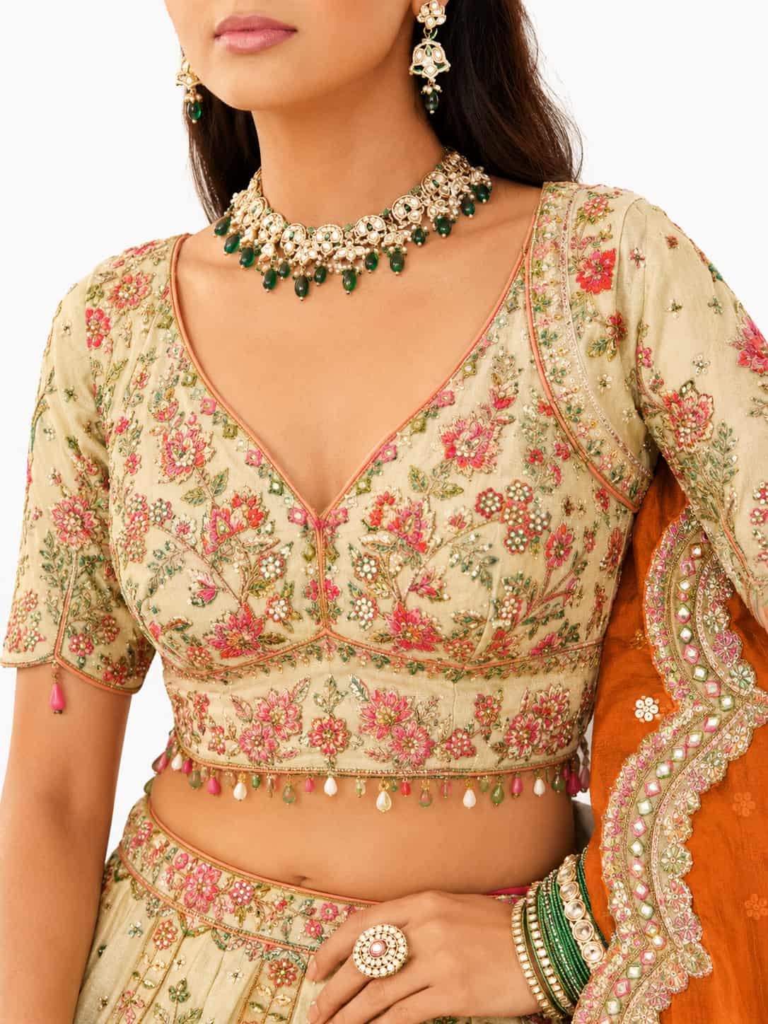 Cream Readymade Embroidery, Cut Work Border, Weaving Butti, Art Mirror Work Silk Lehengas